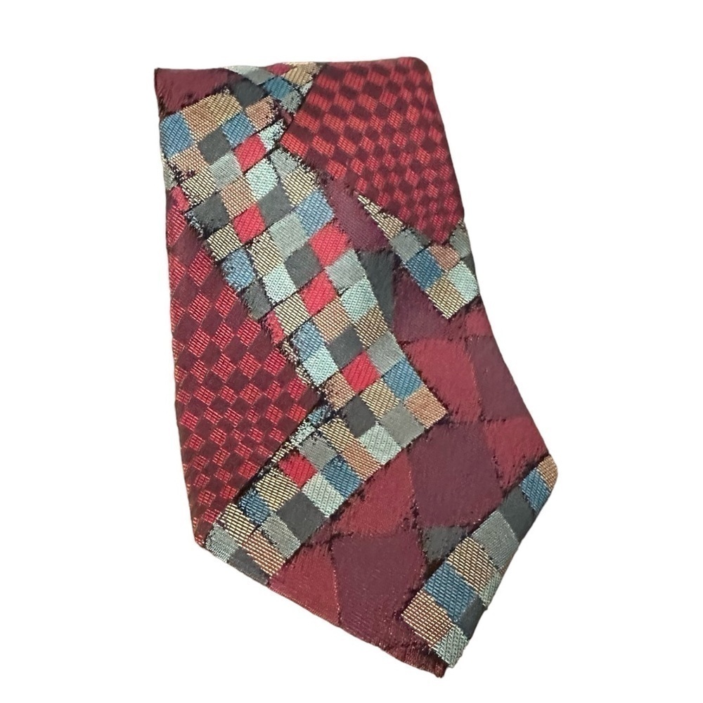 Bugatti Tie Italian Silk Artsy Patchwork Patterned Print Burgandy & Gray 56”x4” - Picture 2 of 12